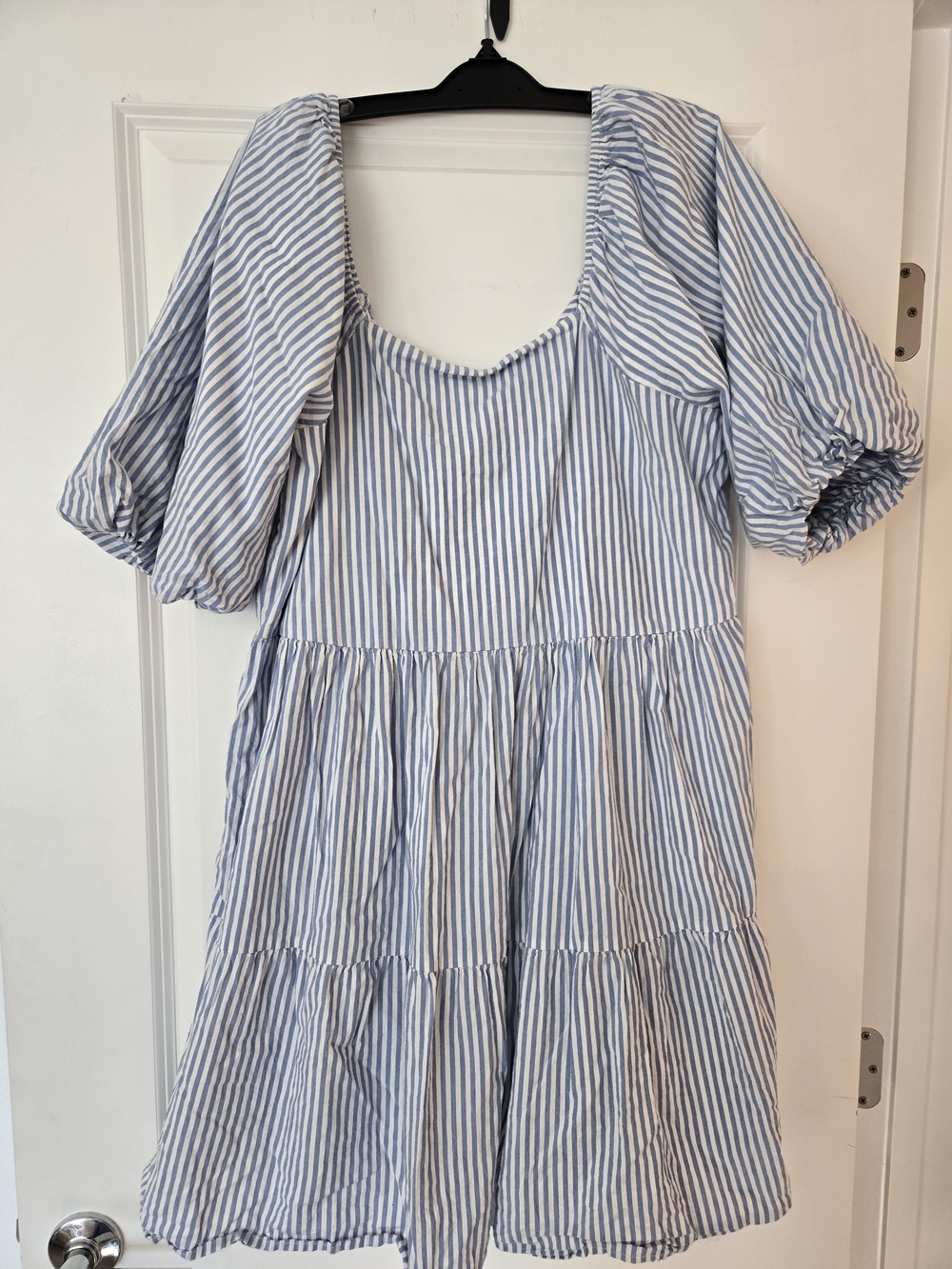 beachlunchlounge Blue and White Striped Puff-Sleeve Tiered Dress